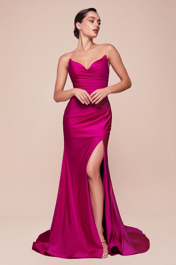 Satin Elegance – Strapless Pointed V-Neckline